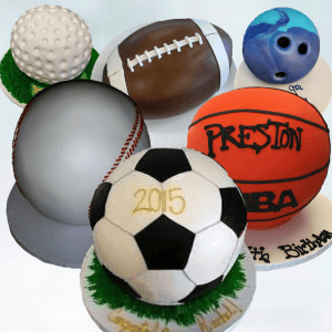 Different Ball Shaped Cakes Includes Soccer, Baseball, Basketball, Football, Golf Ball, and Bowling Ball
