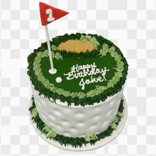 Golf-themed birthday cake with a number 2 flag on a white background