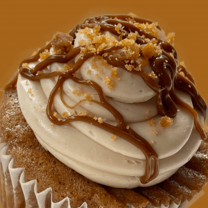 cupcake drizzeled with caramel and toffee on top
