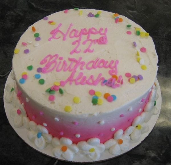 Birthday Cake airbrushed on the side with a sprinkle of Confetti and buttercream flower boarder