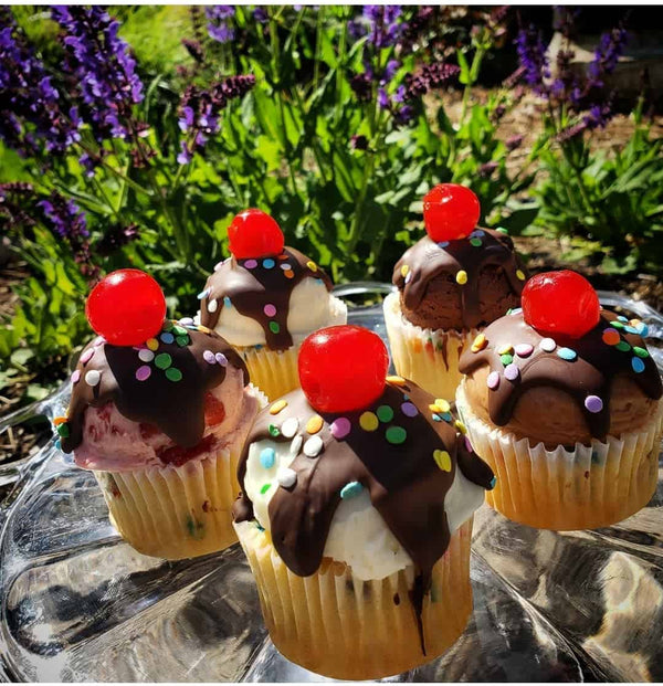 Sundae Cupcakes topped with ganache and a cherry